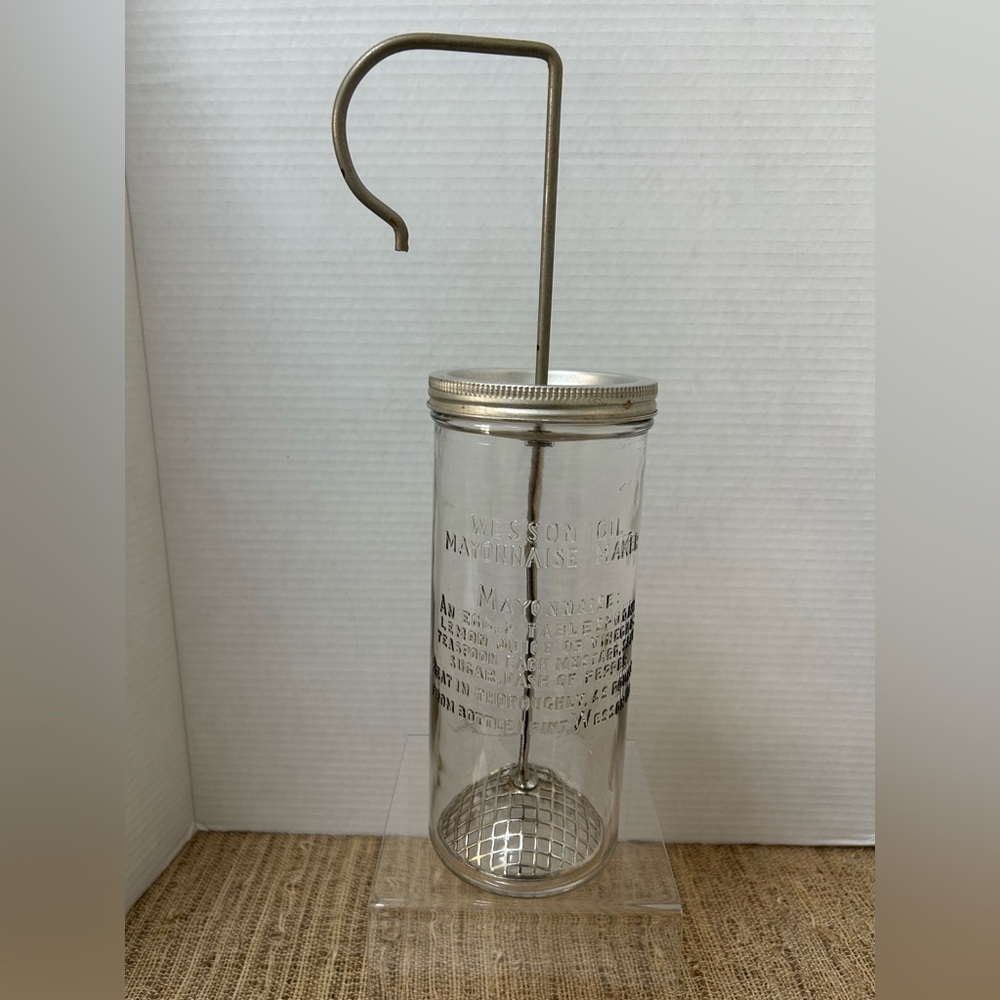 Vintage Glass Wesson Oil Mayonnaise Maker Instruction’s Embossed On Glass. EUC!